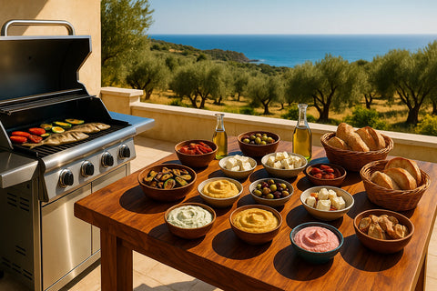 Sonnige Grillszene mit Meerblick. Gasgrill neben Holztisch mit mediterranen Köstlichkeiten: Dips, Antipasti und knuspriges Brot. Olivenöl-Karaffen zwischen den Speisen zeigen die Bedeutung unseres Öls beim Grillen