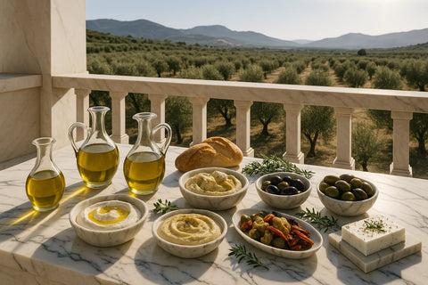 Mediterrane Auswahl auf Marmorterrasse: Glaskaraffen mit unserem Olivenöl, das sich hervorragend für die Zubereitung von Joghurt, Hummus, Antipasti und Oliven eignet. Repräsentiert unsere vollständige Olivenöl-Produktpalette.