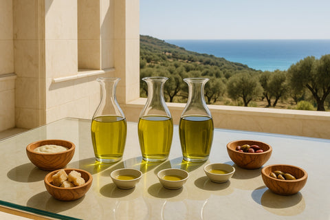 Sonnige Terrasse mit Marmormauern und Glastisch, auf dem drei 1-Liter-Karaffen mit verschiedenen Olivenölen stehen. Umgeben von Olivenholzschalen mit Dips und Antipasti. Im Hintergrund Olivenhaine und blaues Meer.