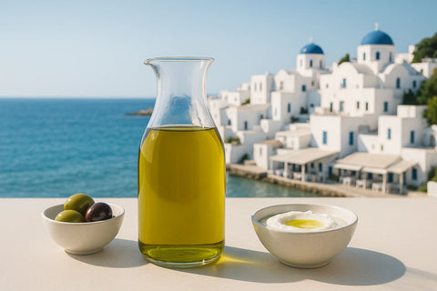 Elegante 1-Liter Olivenöl-Karaffe mit Schalen voller Oliven und Joghurt im Vordergrund. Im Hintergrund eine sonnige griechische Küstenlandschaft mit blauem Meer, weißen Häusern und traditionellen Tavernen.
