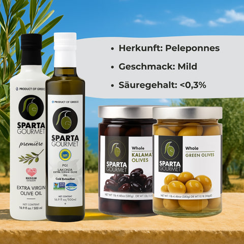 Sparta Gourmet Genuss-Set – 2x 500 ml Premium Olivenöl extra nativ & + 2x Premium-Oliven im Glas (insgesamt 650 g)