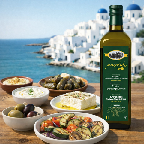 1l Proistakis Family. Anwendungsmöglichkeiten des Olivenöls welches sich hevorragend zum anrichten von Grillgemüse, Meze und Salaten eignet