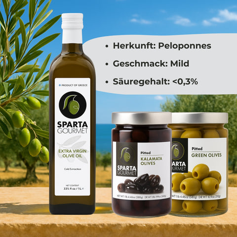 Sparta Gourmet Genuss-Bundle – 1L Olivenöl extra nativ + 2x entsteinte Oliven 590g