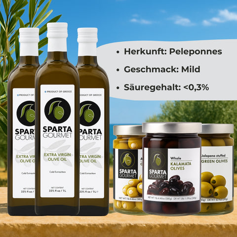 Sparta Gourmet Genuss-Bundle – 3x 1L Olivenöl extra nativ + 3 Gläser Premium-Oliven (gesamt 960 g)