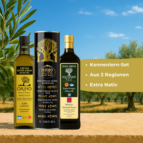 Kennenlern-Set 3x 1L Extra natives Olivenöl - Orino P.D.O., Elea Creta P.D.O. & Berg Athos