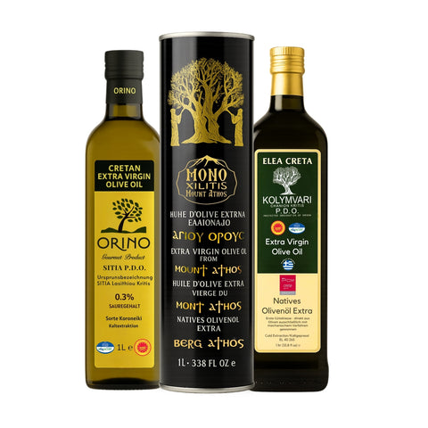 Kennenlern-Set 3x 1L Extra natives Olivenöl - Orino P.D.O., Elea Creta P.D.O. & Berg Athos