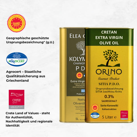 TOP-Bundle 2x5L Olivenöl extra nativ P.D.O. aus Kreta – Kolymvari & Sitia - Elea Creta & Orino Proistakis Bros.