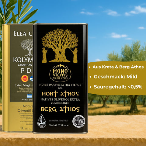 Olivenöl extra nativ Bundle - Elea Creta P.D.O. Kolymvari 5l+Monoxilitis vom Berg Athos 5l