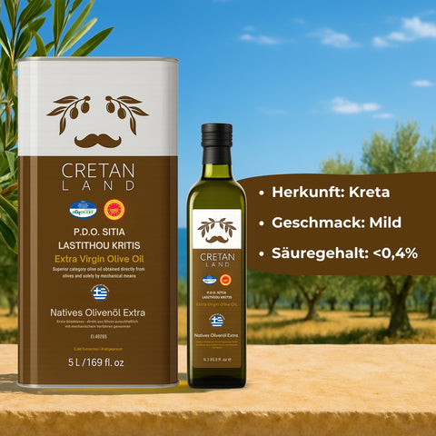 Olivenöl extra nativ 6L Nachfüll-Set – Cretan Land P.D.O. Sitia Lasithiou Kritis | 5L Kanister + 1L Flasche
