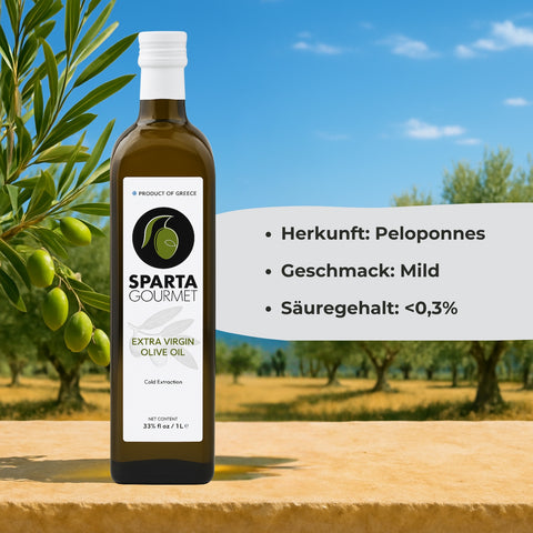 Griechisches Olivenöl Extra Nativ 1L Glasflasche – Sparta Gourmet, kaltgepresst aus Peloponnes