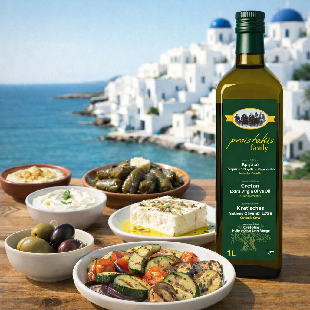 1l Proistakis Family. Anwendungsmöglichkeiten des Olivenöls welches sich hevorragend zum anrichten von Grillgemüse, Meze und Salaten eignet