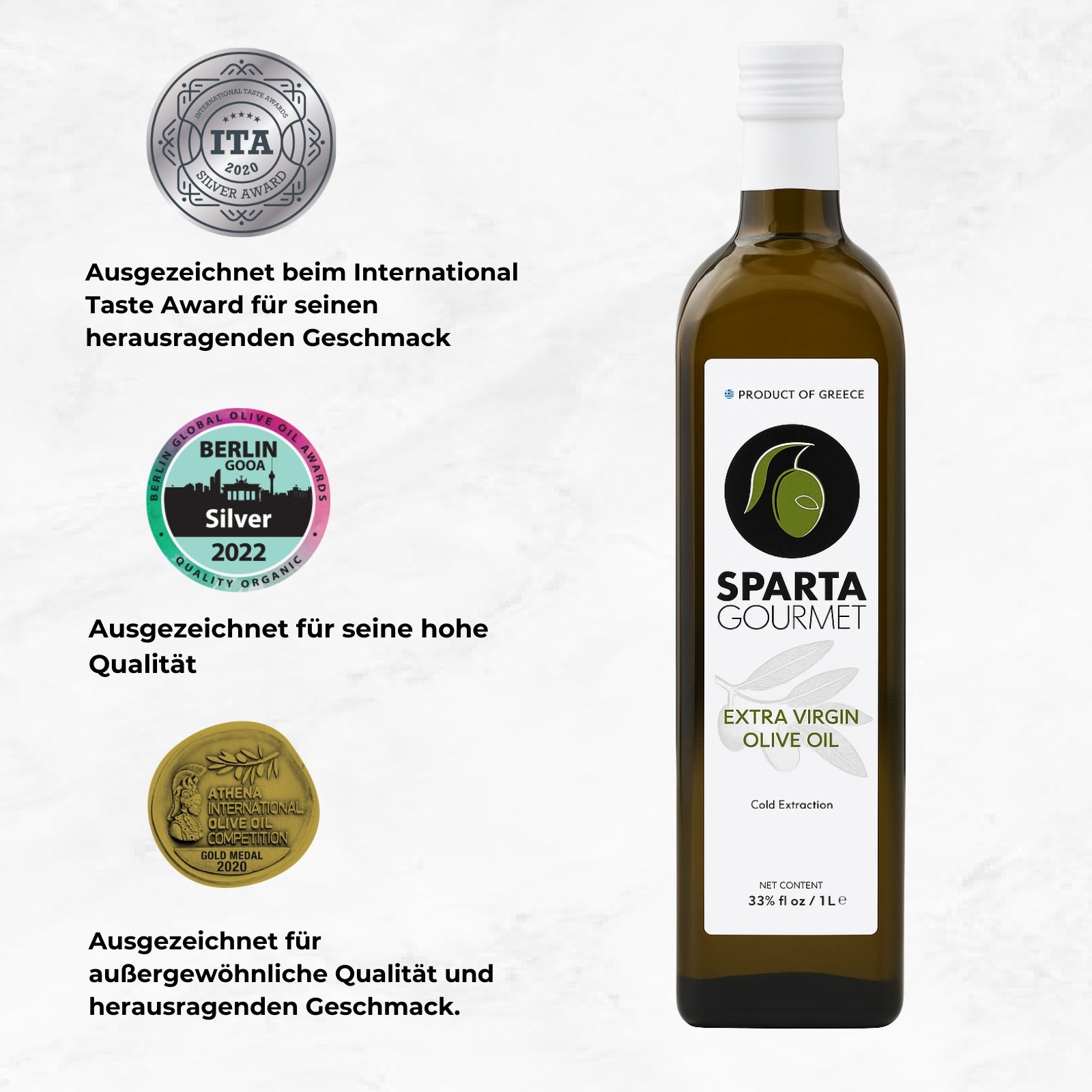 Sparta Gourmet Genuss-Bundle – 3x 1L Olivenöl extra nativ + 3 Gläser Premium-Oliven (gesamt 960 g)
