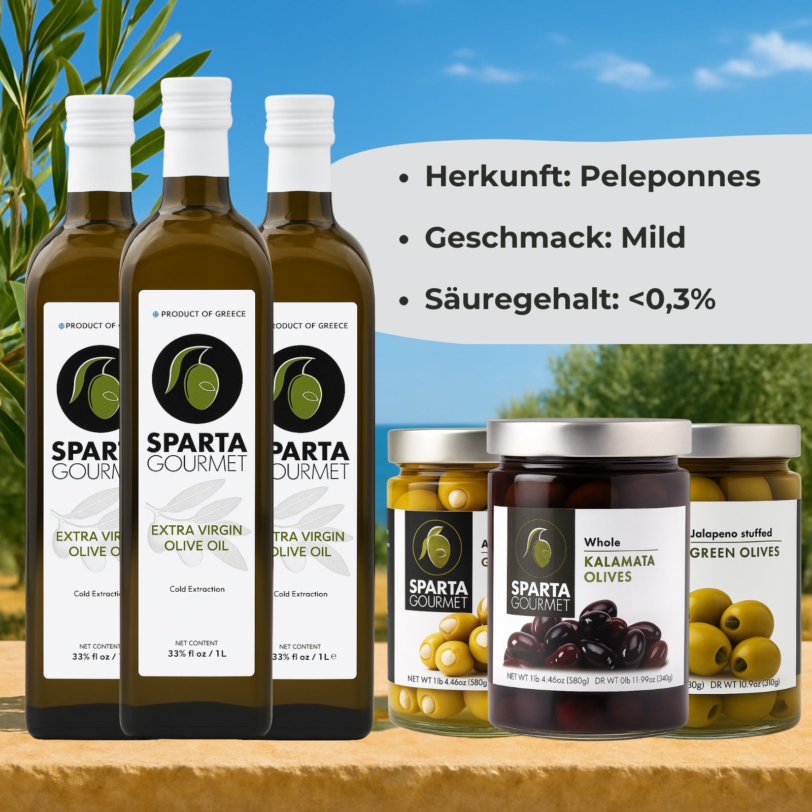 Sparta Gourmet Genuss-Bundle – 3x 1L Olivenöl extra nativ + 3 Gläser Premium-Oliven (gesamt 960 g)