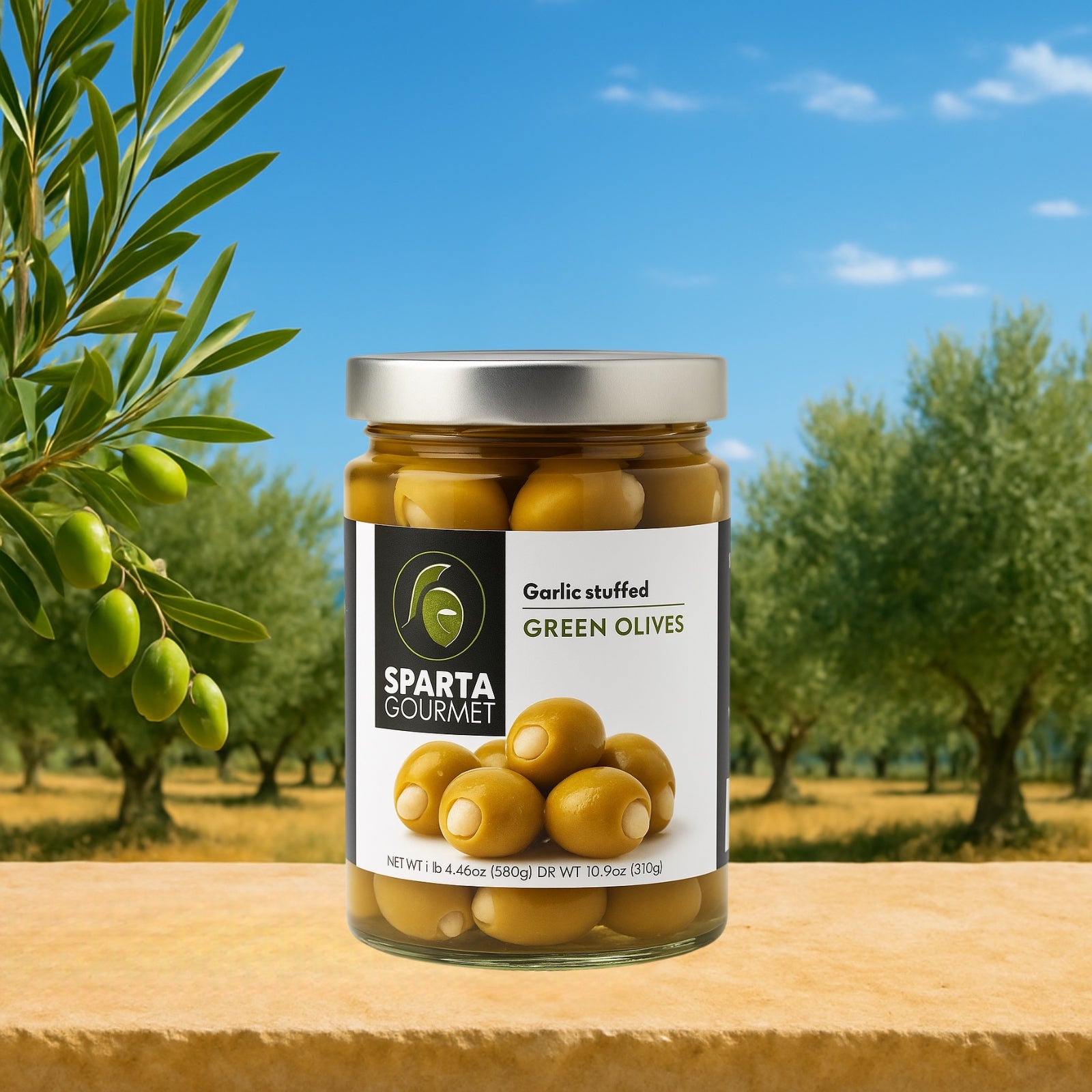 Grüne Oliven gefüllt mit Knoblauch 310g - Sparta Gourmet Premium Qualität aus Griechenland