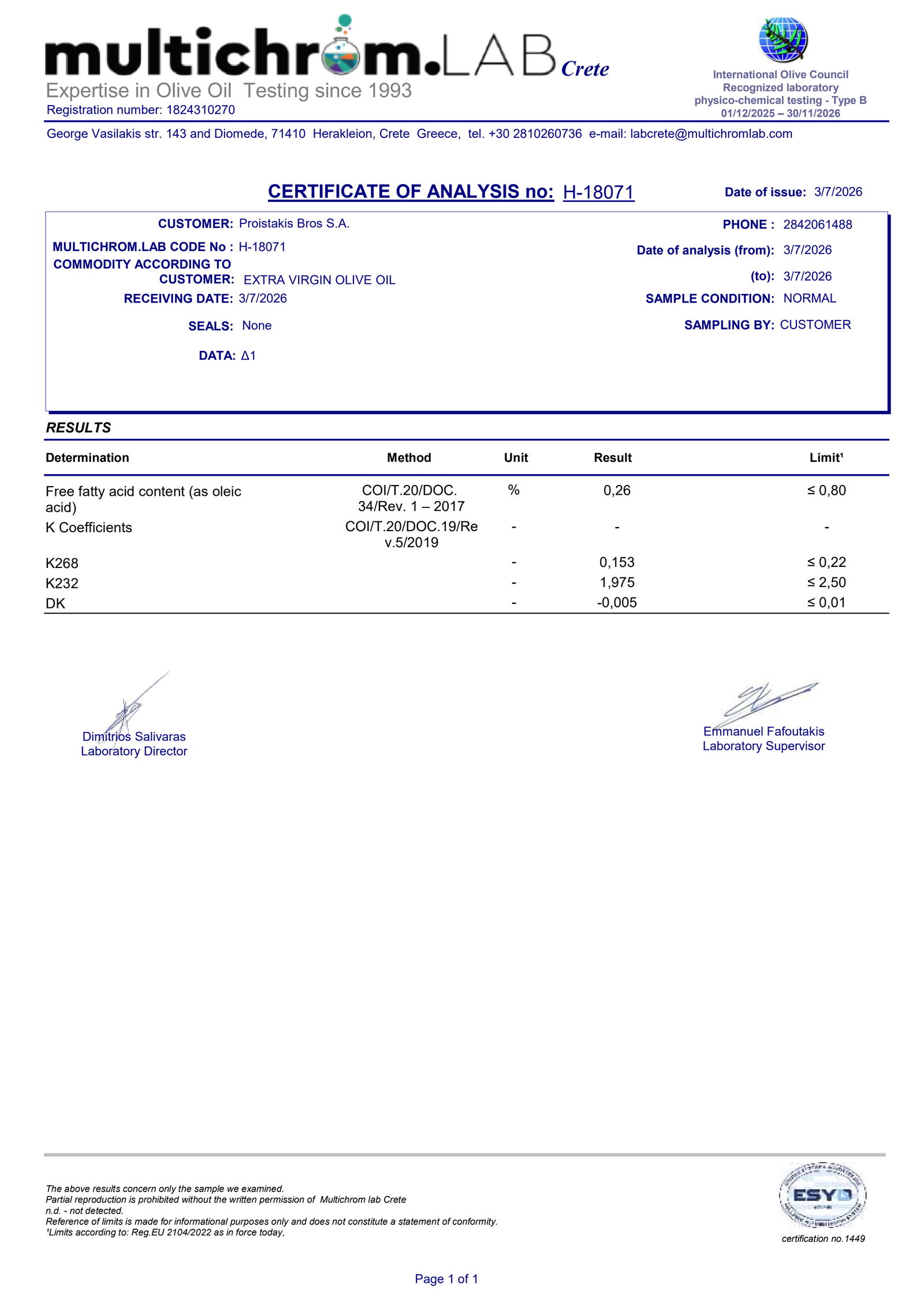 Laborbericht Griechisches Olivenöl P.D.O. Kreta 0,3% - 1,0l Proistakis Orino