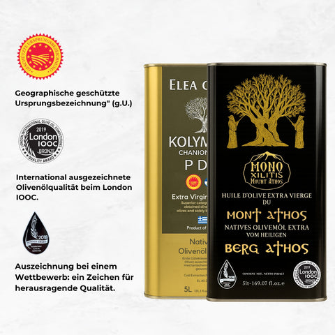 Olivenöl extra nativ  Bundle - Elea Creta P.D.O. Kolymvari 5l+Monoxilitis vom Berg Athos 5l