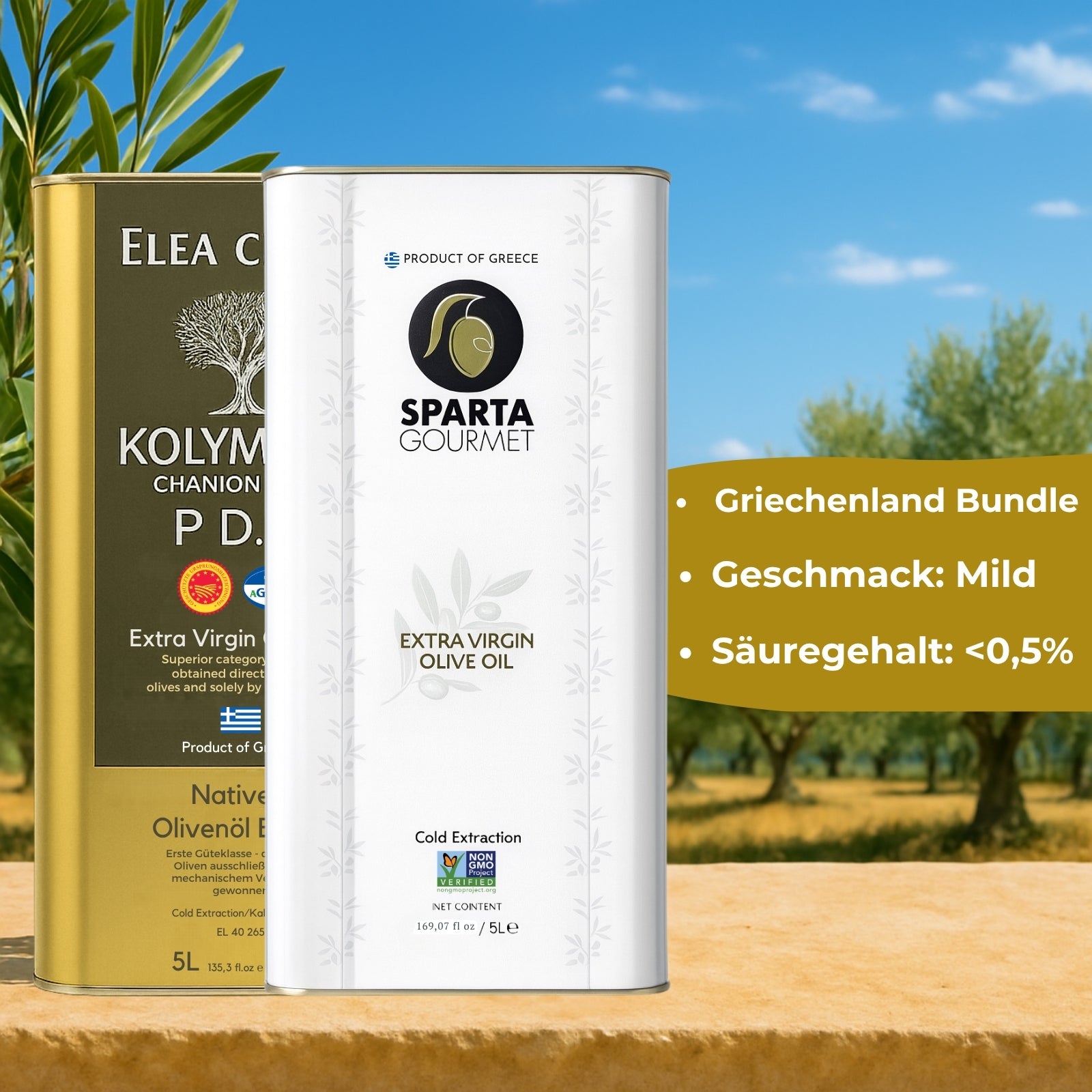 Griechisches Olivenöl Extra Nativ Bundle 2x5L – PDO Kreta & Peloponnes | Elea Creta Kolymvari & Sparta Gourmet