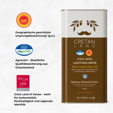 Olivenöl extra nativ 6L Nachfüll-Set – Cretan Land P.D.O. Sitia Lasithiou Kritis | 5L Kanister + 1L Flasche