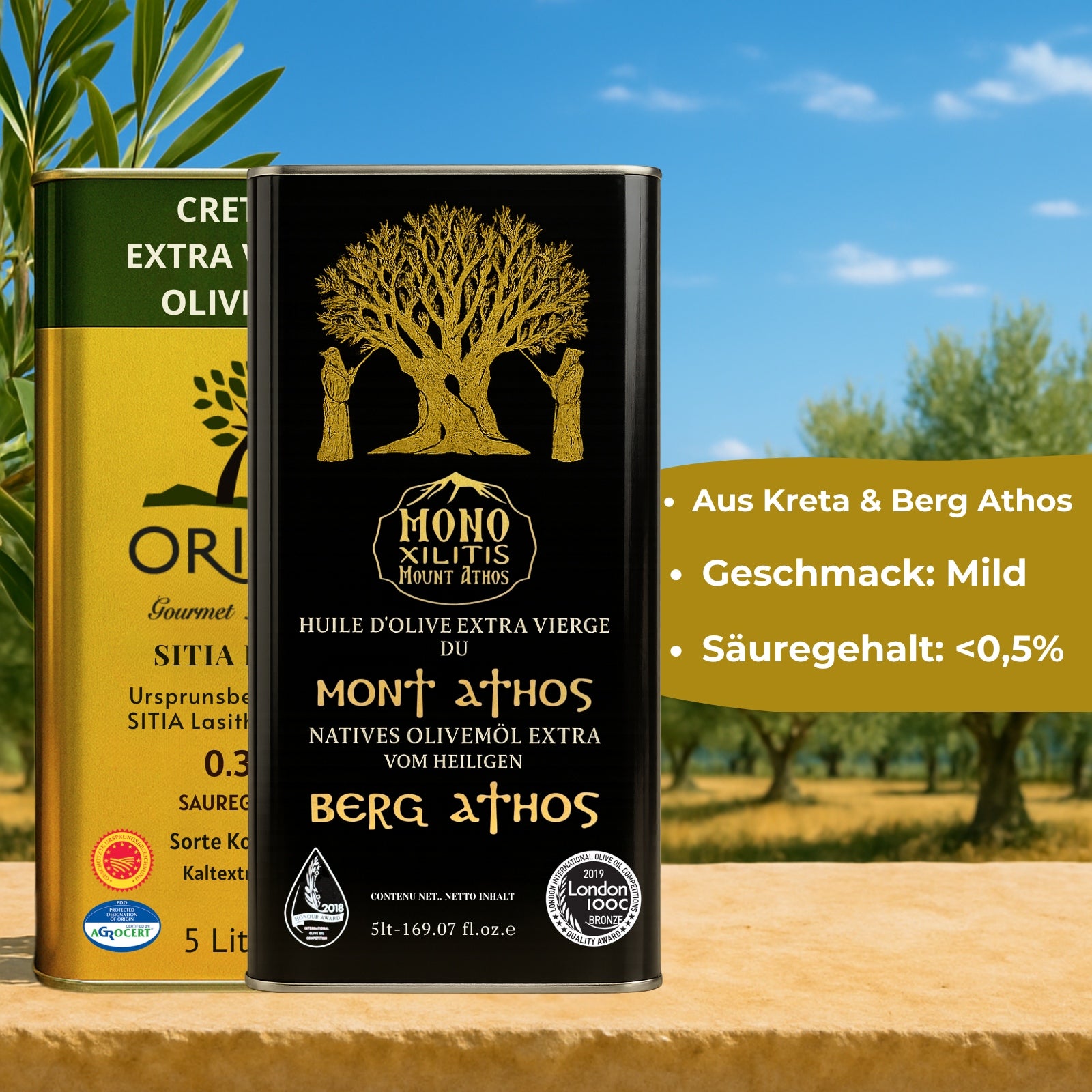 Griechisches Olivenöl Extra Nativ 2x5l Bundle aus Kreta Sitia P.D.O. & Berg Athos
