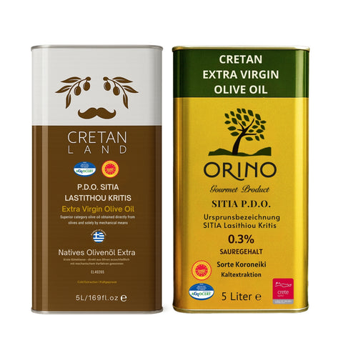 Entdecken Sie die Vorzüge unseres Premium Sitia Olivenöl-Bundles: Herausragend milder Geschmack für kulinarische Vielfalt, außergewöhnlich niedriger Säuregehalt (Orino: 0,3%, Cretan Land: 0,4%) für höchste Qualität, und authentische Herkunft aus Sitia, einem der besten Anbaugebiete Kretas mit geschützter Ursprungsbezeichnung (P.D.O.). Orino und Cretan Land vereinen das Beste der kretischen Olivenöltradition in einem exklusiven Bundle.