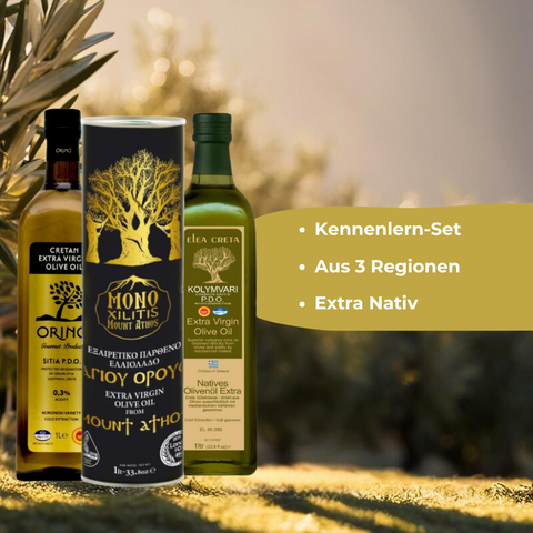 Kennenlern-Set 3x 1L Extra natives Olivenöl - Orino P.D.O., Elea Creta P.D.O. & Berg Athos