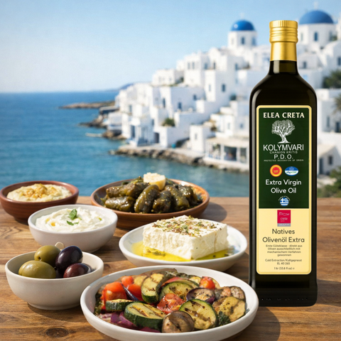 1l Elea Creta Anwendungsmöglichkeiten des Olivenöls welches sich hevorragend zum anrichten von Grillgemüse, Meze und Salaten eignet