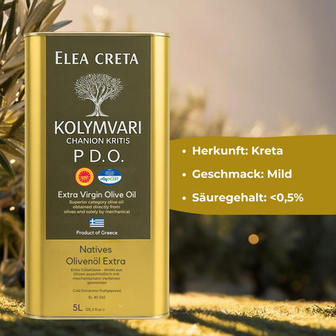 Extra natives Olivenöl aus Kolymvari Kreta im 5-Liter-Kanister von Elea Creta mit PDO-Zertifizierung