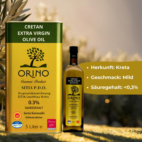 Nachfüll-Set mit 5-Liter-Kanister und 1-Liter-Flasche Olivenöl extra nativ aus Kreta von Orino mit PDO Zertifizierung