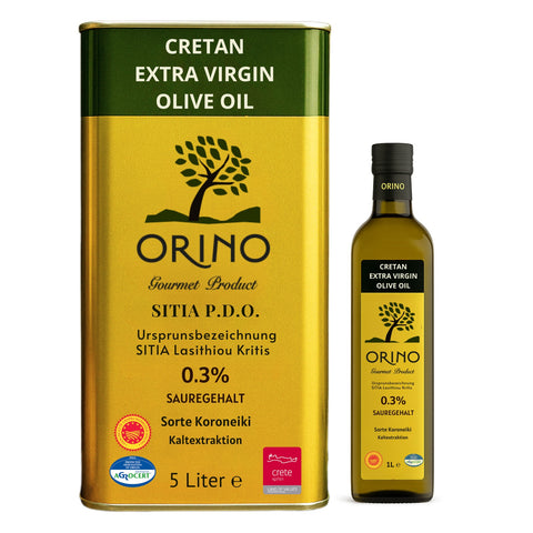 Nachfüll-Set mit 5-Liter-Kanister und 1-Liter-Flasche Olivenöl extra nativ aus Kreta von Orino mit PDO Zertifizierung