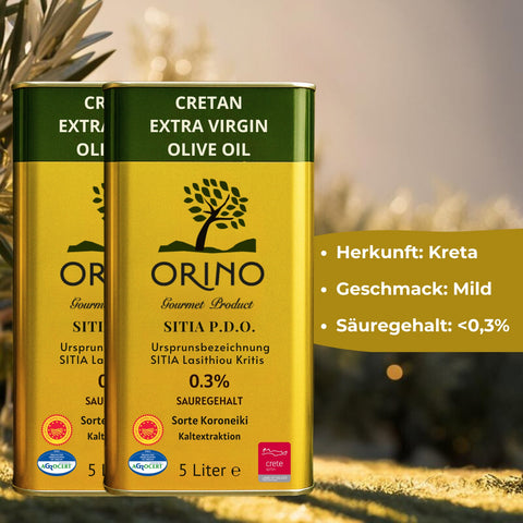 PDO-zertifiziertes Olivenöl aus Sitia Kreta im Doppelpack 2x5-Liter-Kanister von Orino