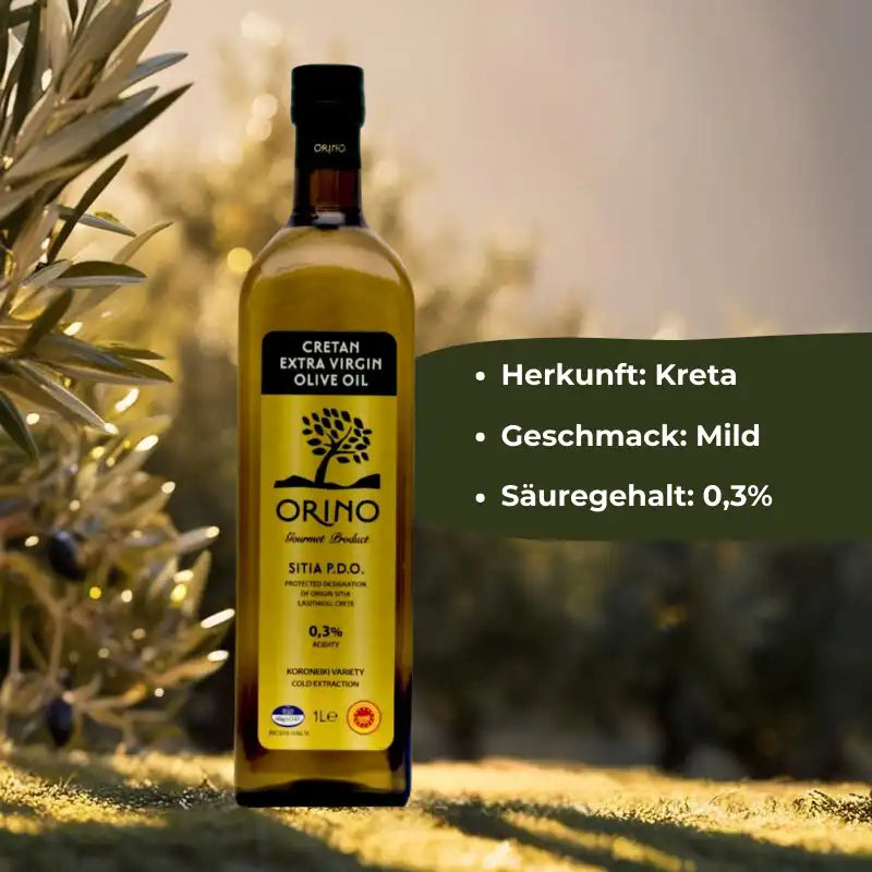 Vorteile des griechischen Olivenöls extra nativ aus Kreta, P.D.O.-zertifiziert: milder Geschmack, niedriger Säuregehalt von 0,3 %, hochwertige Herkunft Kreta.